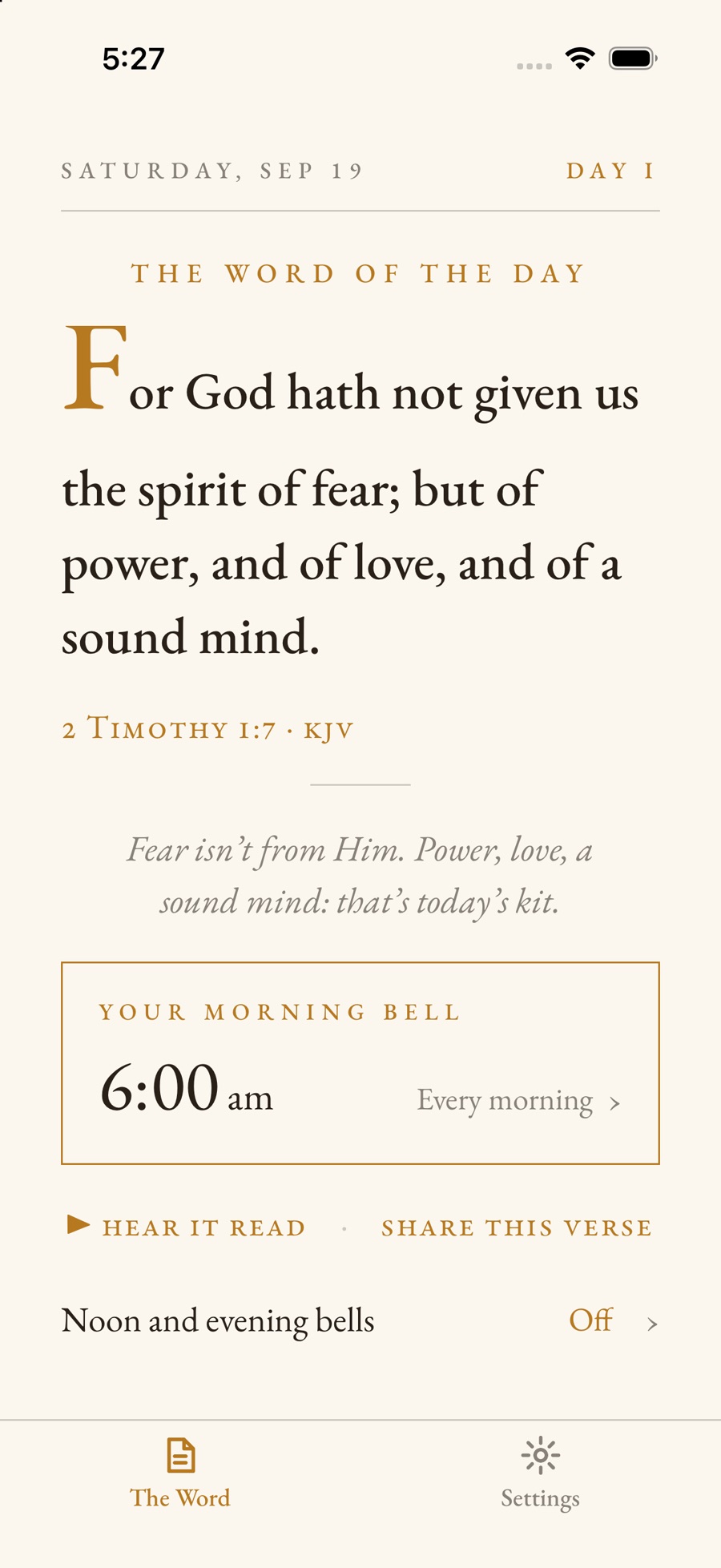 BibleBell home screen showing the verse of the day and a morning bell set for 6:00 am